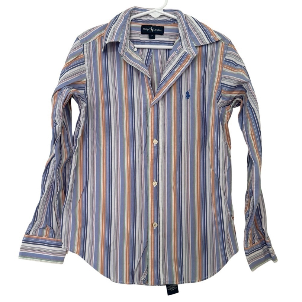 Ralph Lauren Blue Striped Dress Shirt Oxford Long Sleeve Button Up Preppy Boys 7